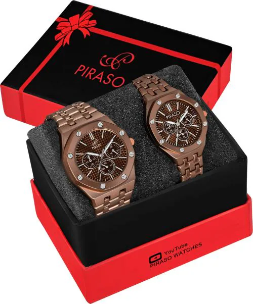 PIRASO Brown Analog Display Brown Chain Men & Women Watch - Pack of 2 Analog Watch - For Men & Women NK HUB-LOT BROWN COMBO MEN & WOMEN