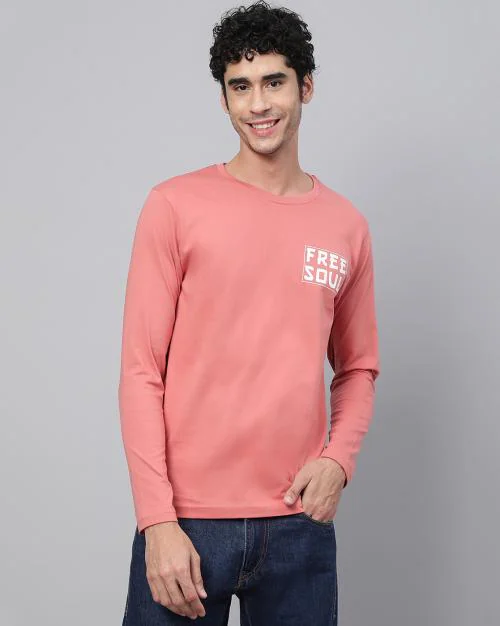 Veirdo Tshirt| VEIRDO Men's Free Soul Peach Full Sleeve Print Regular Fit 100% Cotton T-shirt| Tshirt for Men| Men Tshirt| Tshirt Men| Tshirt| Men