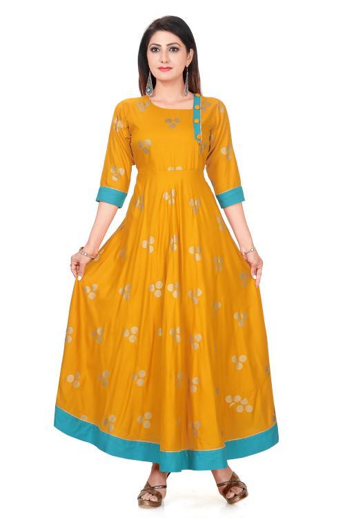 Ayukti Designer & Stylish Rayon Gold Printed Flared/Anarkali Kurta/Kurti for Women