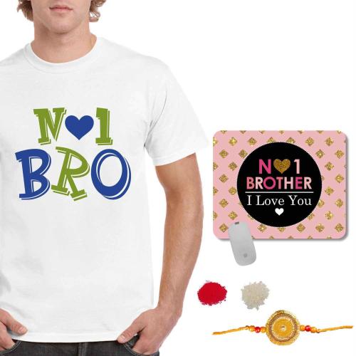 Funky Store Black Polyester Rakhi Gifts For Brother Combo, Buddy Brother Theam Printed Drifit Men's Tshirt With Mousepad, Rakhi, Roli Chawal (Pack Of 3)