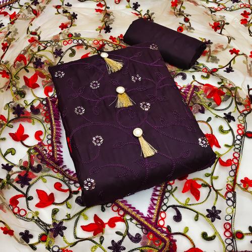 SANILA Wine Women's Heavy Cotton Embroidery Work Unstitched Salwar Suit Dress Material