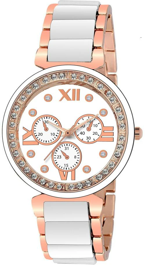 Blutech Analog White Dial Rose Gold Strap Watch For Women
