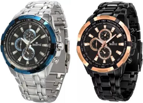Swisstyle Analog Black, Blue Dial Silver Strap Watch For Men (Pack Of 2)-(SS-6622BLU-06612BLK)