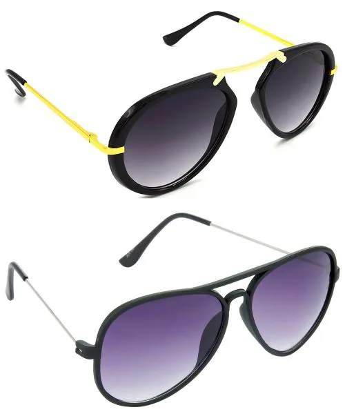 Red Leaf Men Women Boys & Girls Wrap-around & Aviator Sunglasses Golden & Black Frame, Grey & Violet Lens (Medium) Pack of - 2