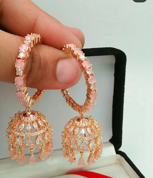 TREND CREATION Rose Gold Plated American Diamond Jhumka Hoop Earrings For Women And Girl