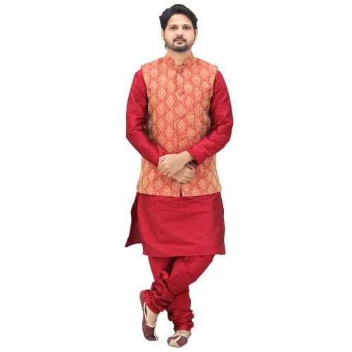 Om Shubh Mangalam Men's Silk Blend Red Kurta Pajama With Maroon Jacket