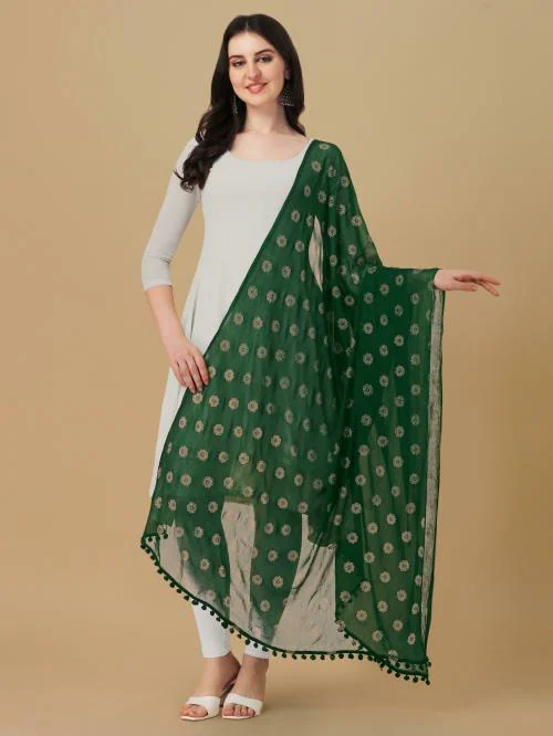 NIMIDIYA Women Dark Green Floral Print Chiffon Dupatta (Free Size)