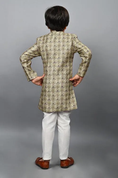 Ahhaaaa Kids Ethnic Silk Blend Indo-Western Sherwani Set For Boys