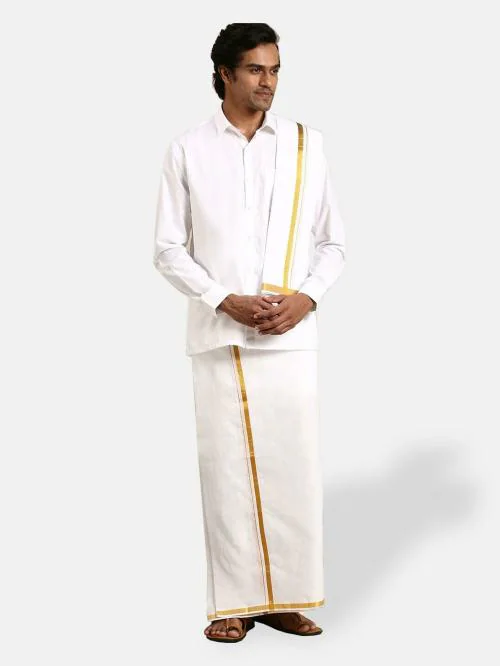 Ramraj Men Pure Cotton White Full Sleeves Shirt Solid With Double Dhoti, Towel And Belt.