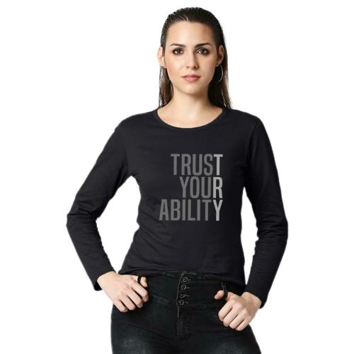 Bewakoof Women's Trust Your Ability Printed Black Round Neck Full Sleeve T-shirt