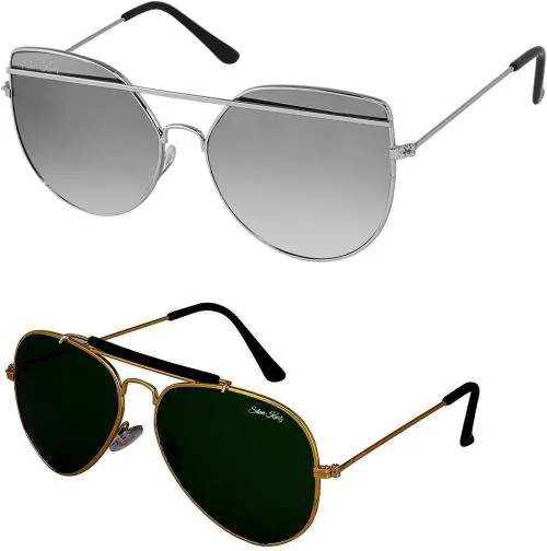 Silver Kartz UV Protection Aviator Full-frame Silver And Green Sunglasses For Men And Women