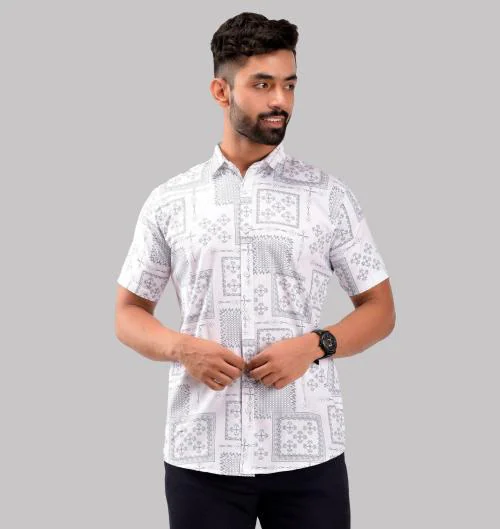 BASE 41 Men White Printed Cotton Blend Casual Shirts