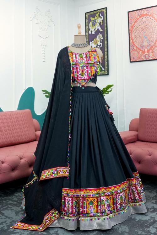 PREETY LOOK Women's Rayon Lehenga - Chinastik, Mirror With Kodi Work, Semi Stitched Lehenga - Ideal For Weddings, Navratri & Family Functions (Colour - Black) (Size - Free Size)