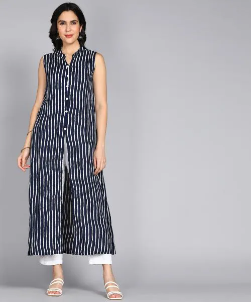 ftDiva Women's Rayon Stripe Print Frontslit Kurta in Blue