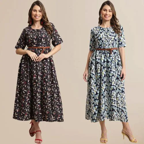 Fabflee Women Pack of 2 Printed Rayon A-line Dress| Dresses| Women Dress| Party Dress| Maxi| Western Dress| Printed Gown| midi dresses| Dress for Women| Maxi Dress for women