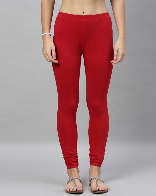 Kryptic Womens Red Solid Cotton Lycra Leggings