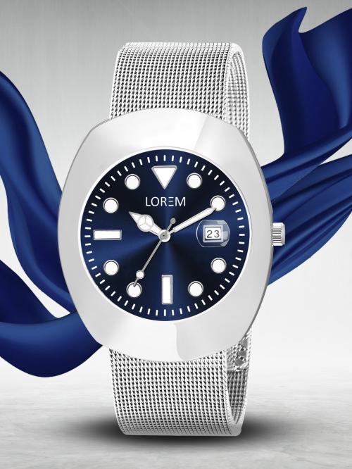 LOREM Attractive Look Slim Blue Dial Silver Metal Mesh Strap Analog Watch For Men-LR142