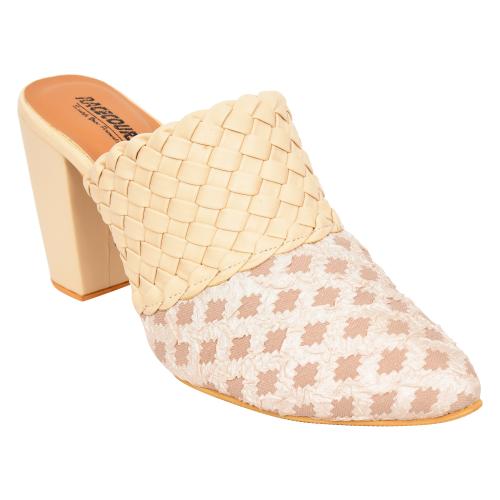 Racecourse Women's Block Heel High Bottom Weaving Half Shoe Belly With the Heel Height of 3 Inch 702 Cream