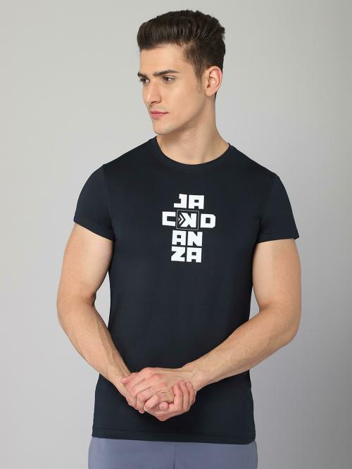 JACKDANZA Men Dark Blue Graphic Polyester Round Tshirts (M)