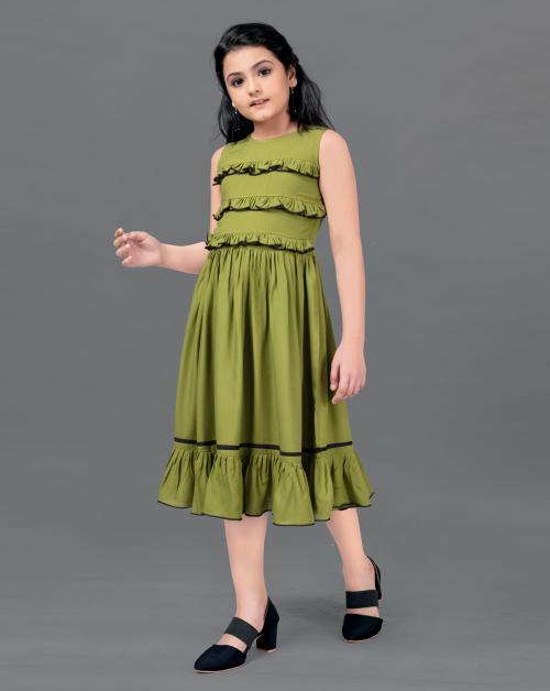Fashion Dream Girls Olive Solid Rayon Frock | Dresses | Kids Wear | Girls Dress | Kids Dress | Frock | Frock Girls | Girls Frock | Dresses For Girls | Kids Girl Dress | Frock For Girls