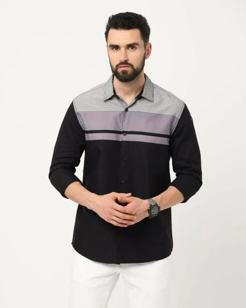 Stake Men Black Color Block Pure Cotton Casual Shirt