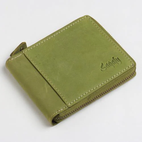 SAQAFY Leather RFID Blocked Zipper Wallet for Men, Zip Coin Pocket Green Wallet for Boys