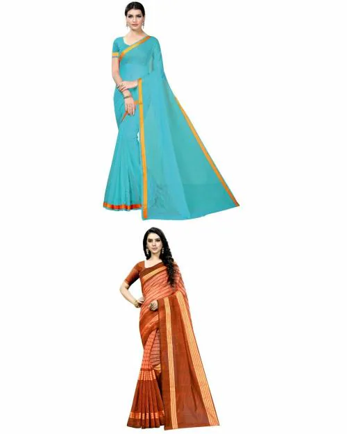Vkaran Women's Light Blue & Fenta Colour Cotton Silk Saree With Blouse pack of 2