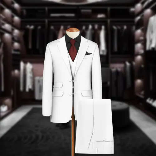 BIGREAMS.COM Unstitched Cotton Lycra Stretchable Solid Formal White Coat Pant 3-Piece Suit Fabric For Men's - 0% Color Fade, Wrinkle Free Suit Piece