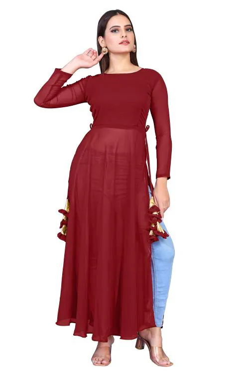 Reeta Fashion Red Color Georgette Chiffon Blend Plain Kurti For Women