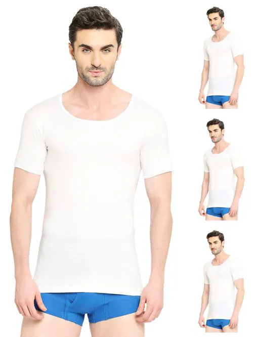 VIP Supreme Men's Round Neck Half Sleeve 100% Cotton White Vest | Moisture Absorbent Inner wear for Men - Pack of 4