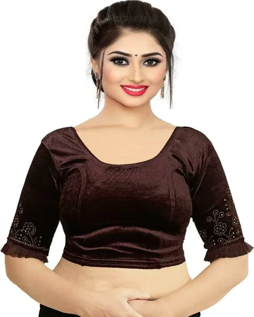 PU Fashion Women Brown Embellished Velvet Blouse