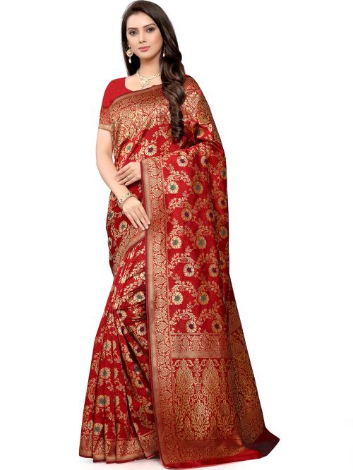 Leeza Store Women's Eye Catching Pink Jacquard Silk Blend Golden Shiny Zari Floral Pattern Banarasi Saree With Unstitched Blouse Piece