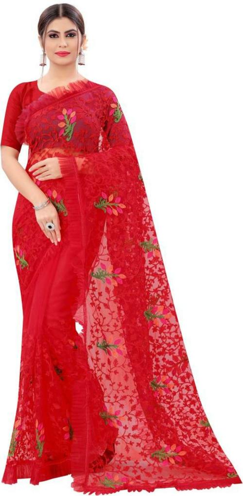 Jinal and Jinal Women Red Embroidered Net Saree