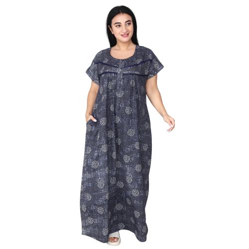 OSF Women's Printed Cotton Floral Maxi Round Neck Full Length Nightwear Night Gown Nighty ( Pack of 1, Blue, Size: 4XL, NW0386_4XL_B)