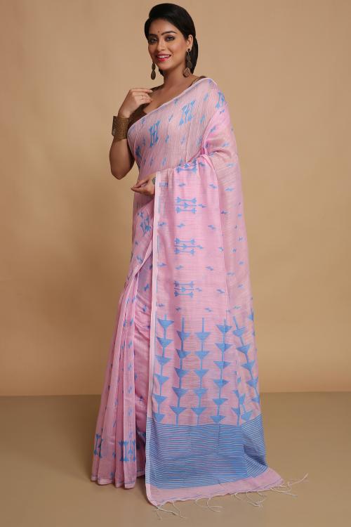 Bengal Handloom Women's Slab Cotton Silk Saree Design with Jaquard Work with Blouse Piece(Baby Pink)