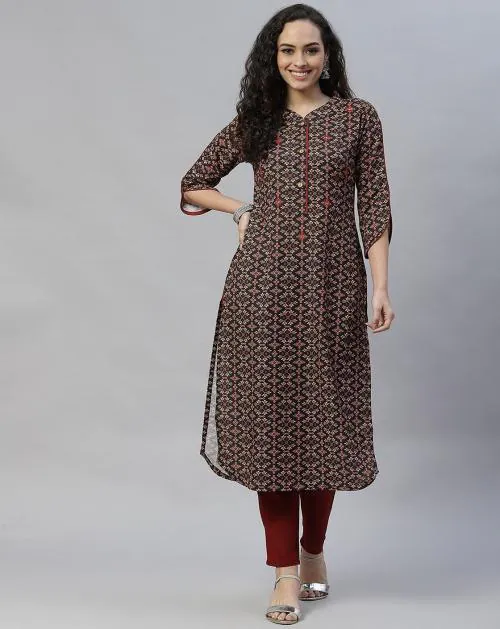 LAAKHI Women's Regular Fit Boat Neck 3/4 Sleeve Cotton Straight Kurti (BLACK-XL)