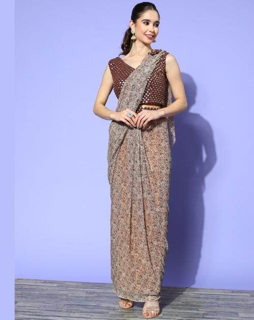 Chhabra 555 Made to Measure Beige & Brown Printed Draped Belted Saree With Sequins Embellish Blouse
