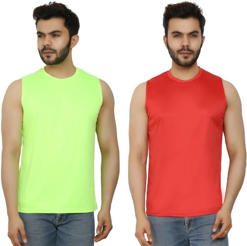 PRIME PLUS Neon Yellow and Red Solid Round Neck Gym Vest - XL (Pack of 2)