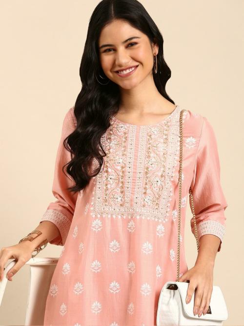 Buy SHOW OFF Women's Peach Printed Art Silk Straight Kurta Sets Online