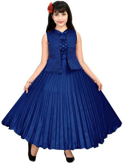 TASDIK GARMENTS Girls Navy Blue Solid Satin Gown Dress (3-4Y)