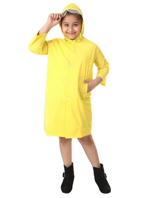 Tricky Shopper Kids Plain Hooded Raincoat with School Bag & Side Pocket Rain Fighter I Rain Coat for Boy's Girl's with Carrying Pouch (Yellow _ 7 Years-8 Years)