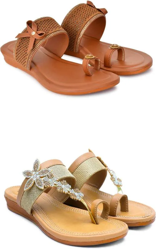 A S RETAIL Women Flat Sandals (Tan and Olive) Size 8 Pack of 2