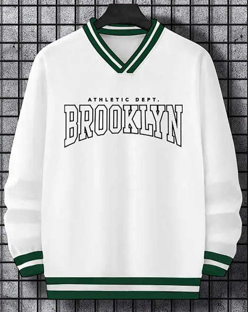 AUSK Printed White V-Neck Full Sleeve T-Shirt