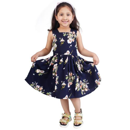 R Cube Girl's Navy Print Printed crepe Frock