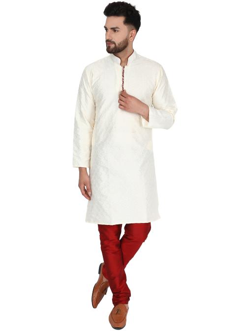 SKAVIJ Men's Art Silk Indian Kurta Pajama Wedding Party Festive Season Dress Suit (Small, Off-White)