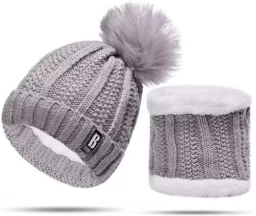 FASHNO Women's Grey Color Woolen Caps With Neck Muffler, Winter Wear Caps/Hats (Pack of 1)