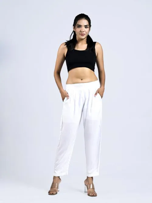 Mirayya Cotton Ankle Fit Trouser Pants for Women & Girls | Women Cotton Pant Trouser Regular Fit with Two Pocket for Office School Formal Casual Daily Use -White