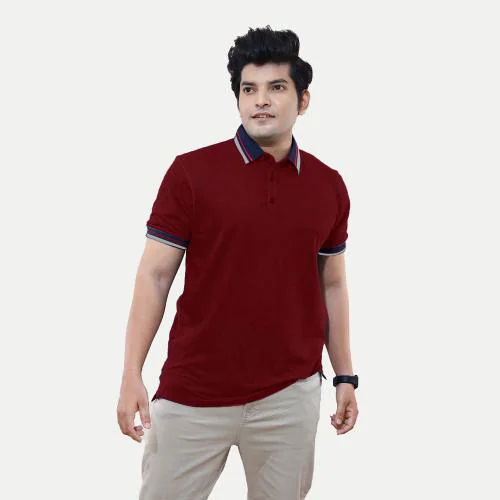 Rad Prix Mens Maroon Cotton Jacquard Collar Polo T Shirt