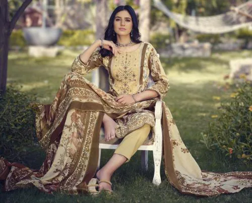 THE JAZZBAAT Unstitched Pakistani Print Embroidered Cotton Salwar Suit Dress Materials with Dupatta Unstitched Dress Material For Women (Yellow) (CBelNair6_5)