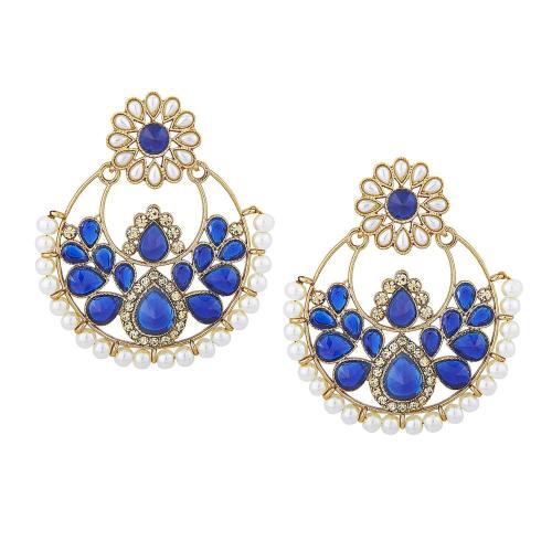 Bodha - By Shivansh Brass Hyderabadi Chandbali Earring With Blue Crystals And Pearls For Women